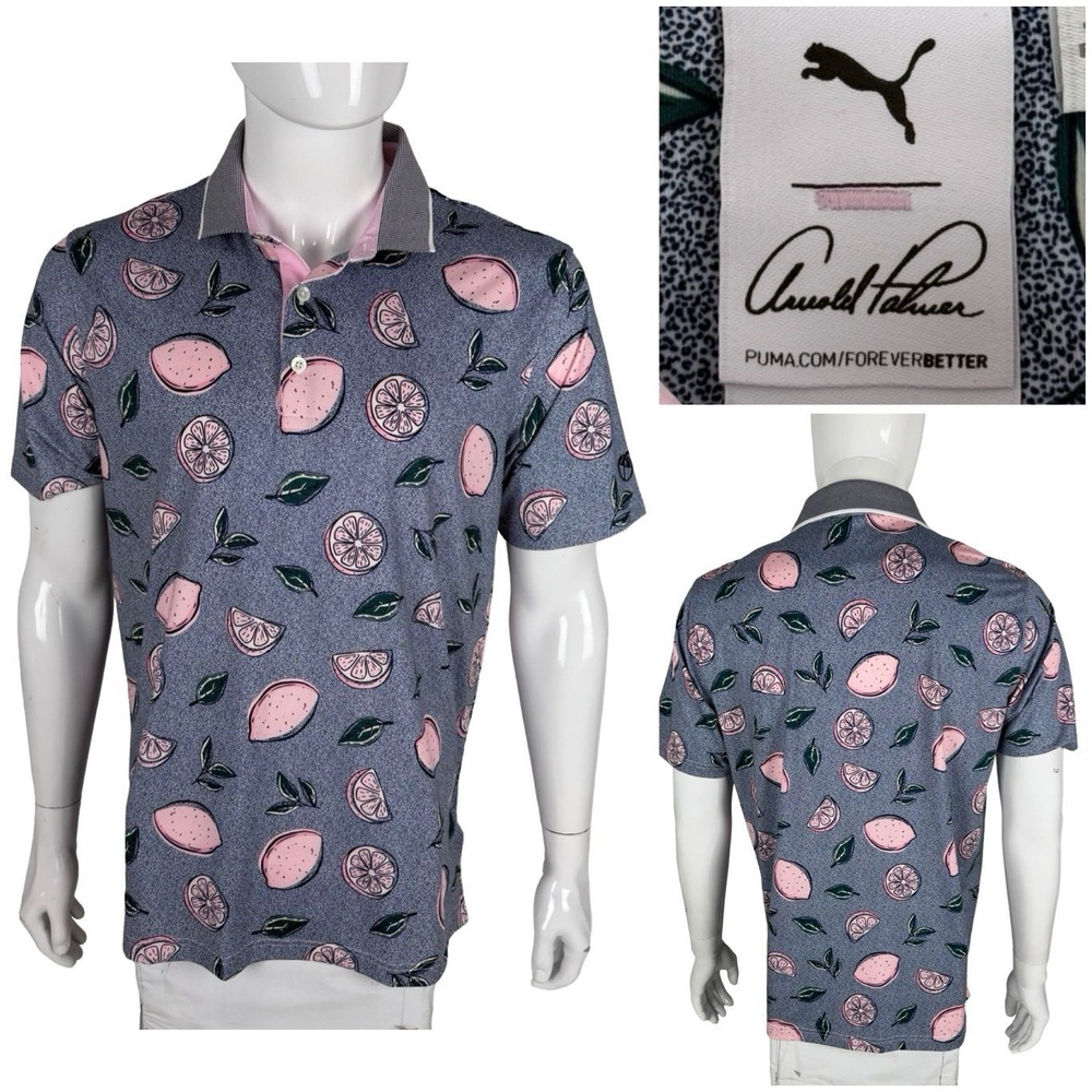 Puma Arnold Palmer Mens Medium Polo Shirt Pink Lemonade Blue Golf Stretch EUC
